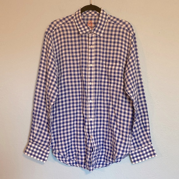 J. McLaughlin Mens Size L Blue White Check Gingham Plaid Button Up Linen Shirt - Picture 1 of 13